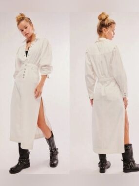 Free People Mad Love Denim Slit Button Front Midi Spring Dress Women Sz M
